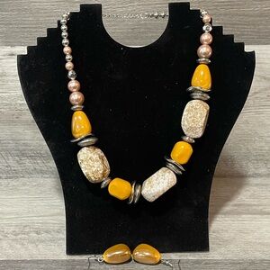 Chunky Statement Necklace & Earrings Set Amber Yellow Beaded Boho Artisan Style